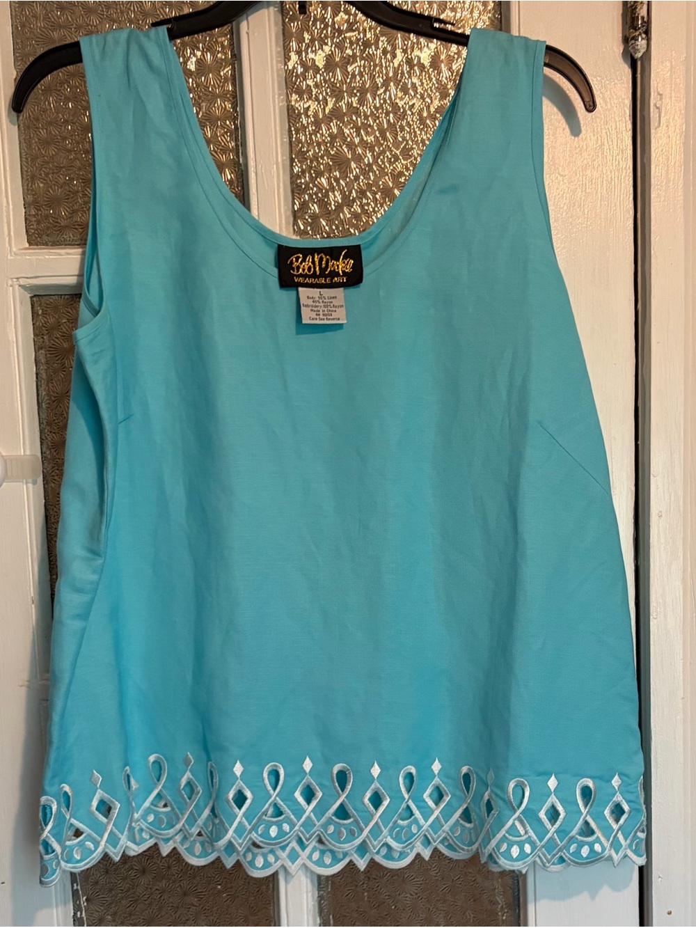 Bob Mackie Wearable Art Aqua Sleeveless Embroidered Hem Tank Top Large GUC